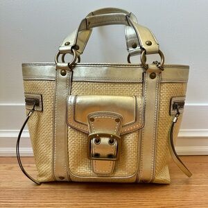 Coach Woven Straw and Metallic Leather Legacy Buckle Shoulder Bag M05K-113